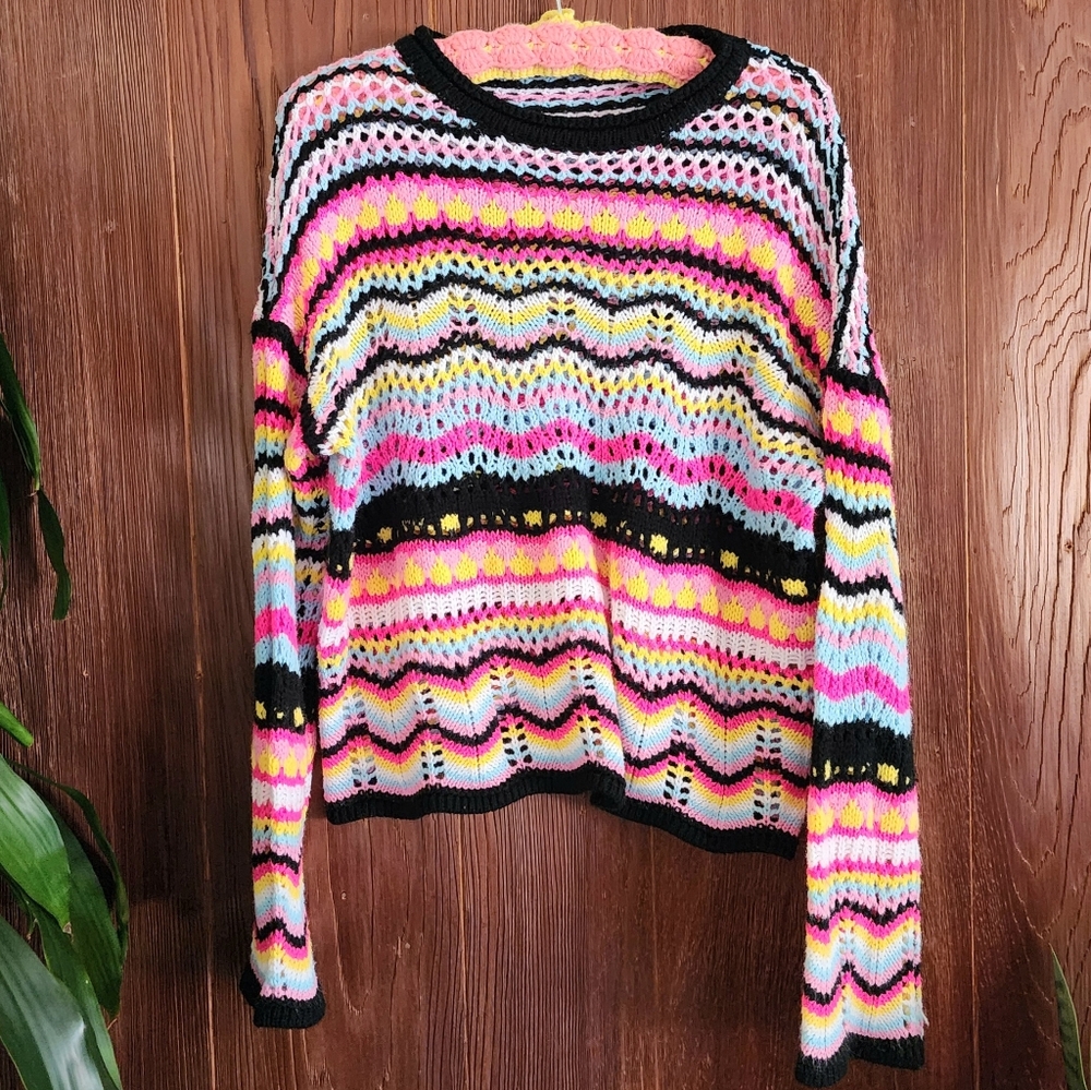 Cider Striped Loose Whimsigoth Style Bellsleeve Pullover Airy Sweater Medium - Picture 10 of 11